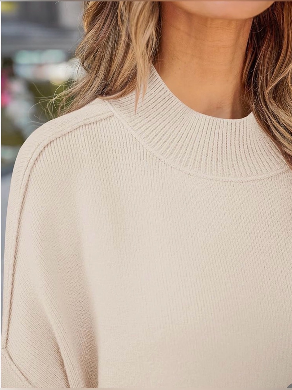 Women's Cream Oversized Crewneck Sweater - Casual Relaxed Fit - Picture 5 of 6